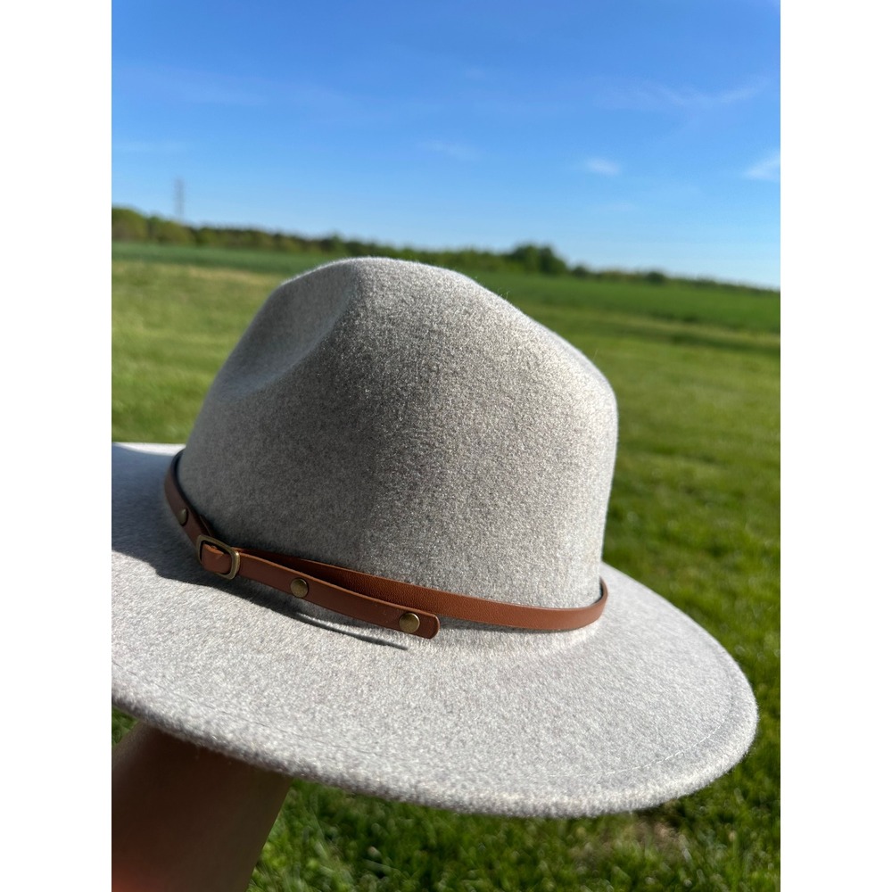 Light Grey Wool Blend Wide Brim Fedora Hat with Brown Faux Leather Band